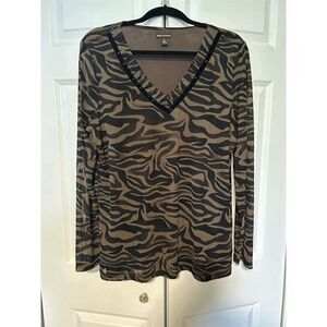 Dana Buchman Women's Animal Print V-Neck Long Sleeve Top Brown Size XL